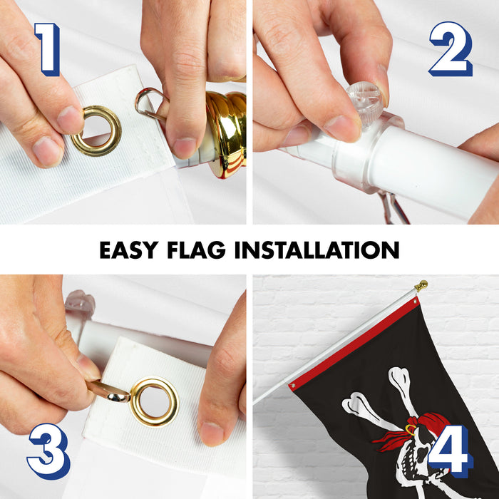 G128 Combo Pack: 5 Ft Tangle Free Aluminum Spinning Flagpole (White) & Pirate Jolly Roger Red Head Scarf Flag 2x3 Ft, ToughWeave Series Embroidered 300D Polyester | Pole with Flag Included