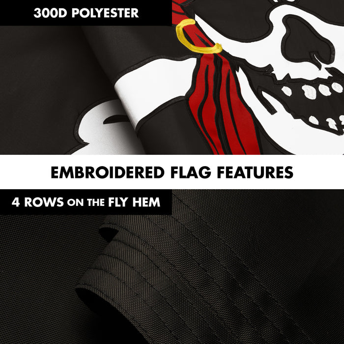 G128 Combo Pack: 5 Ft Tangle Free Aluminum Spinning Flagpole (Black) & Pirate Jolly Roger Red Head Scarf Flag 2.5x4 Ft, ToughWeave Series Embroidered 300D Polyester | Pole with Flag Included