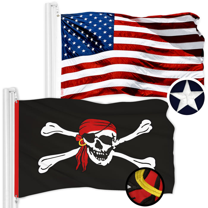 G128 Combo Pack: American USA Flag 3x5 Ft & Pirate Jolly Roger Red Head Scarf Flag 3x5 Ft | Both ToughWeave Series Embroidered 300D Polyester, Embroidered Design, Indoor/Outdoor, Brass Grommets