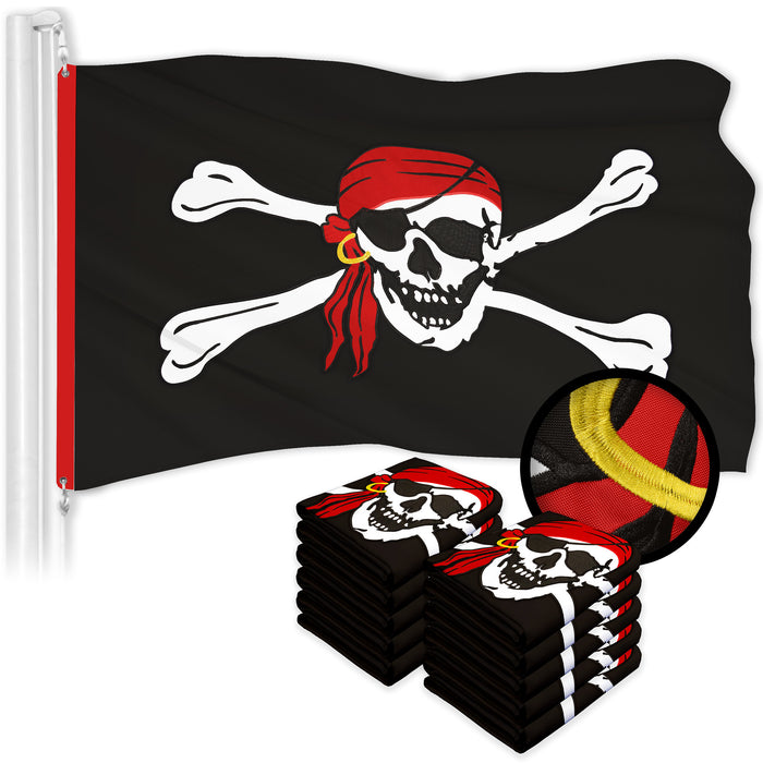 G128 10 Pack: Pirate Jolly Roger Red Head Scarf Flag | 2.5x4 Ft | ToughWeave Series Embroidered 300D Polyester | Novelty Flag, Embroidered Design, Indoor/Outdoor, Brass Grommets