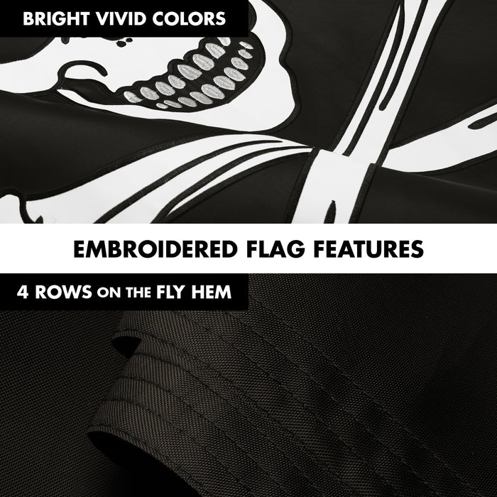 G128 Combo Pack: 5 Ft Tangle Free Aluminum Spinning Flagpole (White) & Pirate Jolly Roger Bones Flag 2x3 Ft, ToughWeave Series Embroidered 300D Polyester | Pole with Flag Included