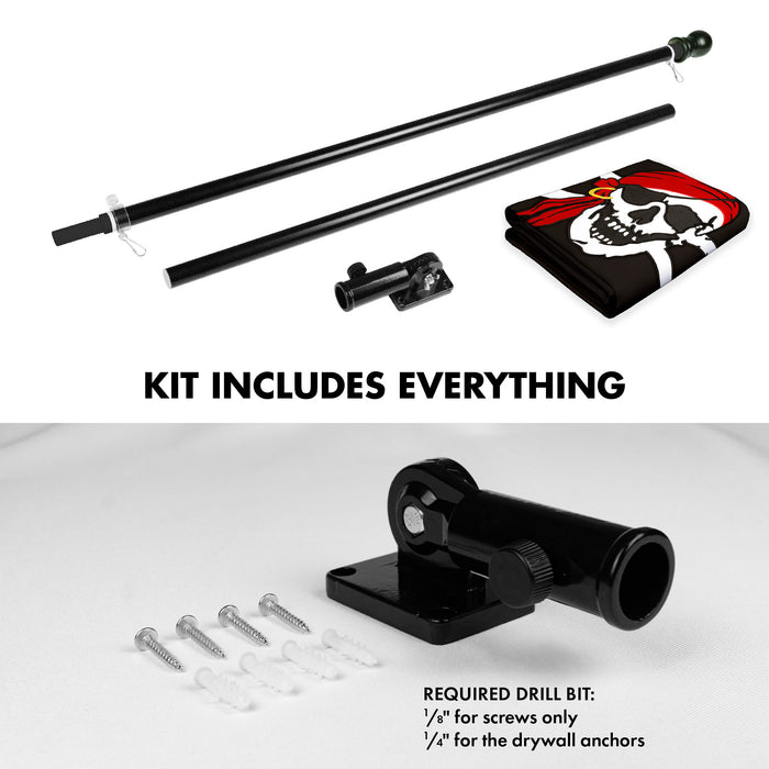 G128 Combo Pack: 5 Ft Tangle Free Aluminum Spinning Flagpole (Black) & Pirate Jolly Roger Red Head Scarf Flag 2x3 Ft, ToughWeave Series Embroidered 300D Polyester | Pole with Flag Included