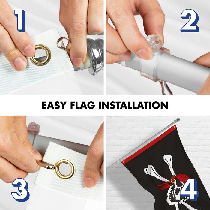 G128 Combo Pack: 6 Ft Tangle Free Aluminum Spinning Flagpole (Silver) & Pirate Jolly Roger Red Head Scarf Flag 3x5 Ft, ToughWeave Series Embroidered 300D Polyester | Pole with Flag Included