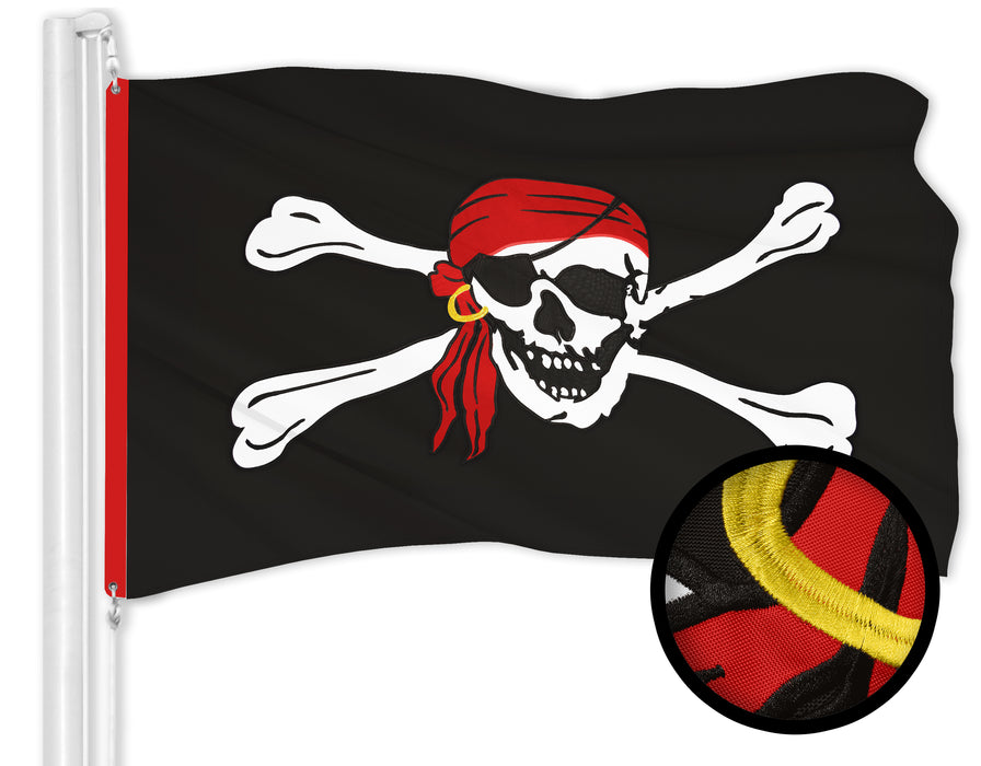 G128 Combo Pack: American USA Flag 2.5x4 Ft & Pirate Jolly Roger Red Head Scarf Flag 2.5x4 Ft | Both ToughWeave Series Embroidered 300D Polyester, Embroidered Design, Indoor/Outdoor, Brass Grommets