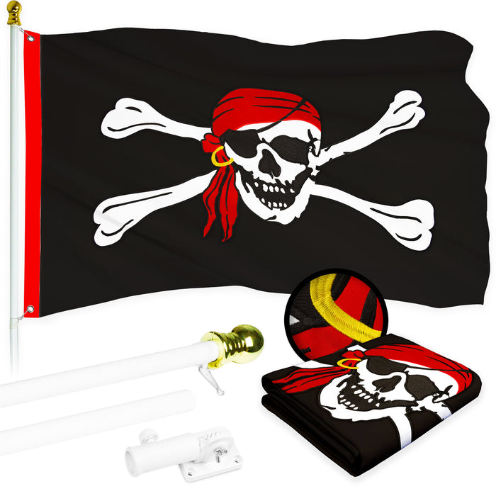 G128 Combo Pack: 5 Ft Tangle Free Aluminum Spinning Flagpole (White) & Pirate Jolly Roger Red Head Scarf Flag 2.5x4 Ft, ToughWeave Series Embroidered 300D Polyester | Pole with Flag Included