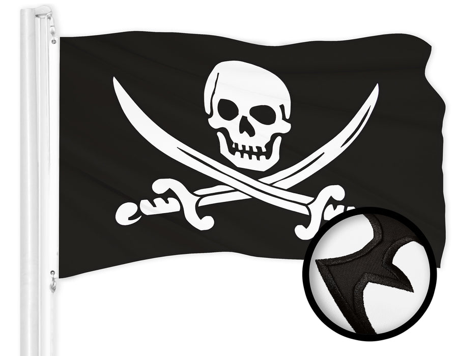 G128 Combo Pack: American USA Flag 3x5 Ft & Pirate Jolly Roger Swords Flag 3x5 Ft | Both ToughWeave Series Embroidered 300D Polyester, Embroidered Design, Indoor/Outdoor, Brass Grommets