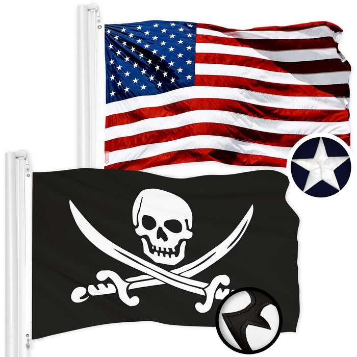 G128 Combo Pack: American USA Flag 2x3 Ft & Pirate Jolly Roger Swords Flag 2x3 Ft | Both ToughWeave Series Embroidered 300D Polyester, Embroidered Design, Indoor/Outdoor, Brass Grommets