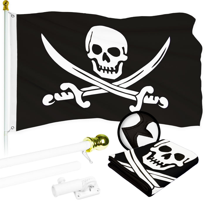G128 Combo Pack: 5 Ft Tangle Free Aluminum Spinning Flagpole (White) & Pirate Jolly Roger Swords Flag 2x3 Ft, ToughWeave Series Embroidered 300D Polyester | Pole with Flag Included