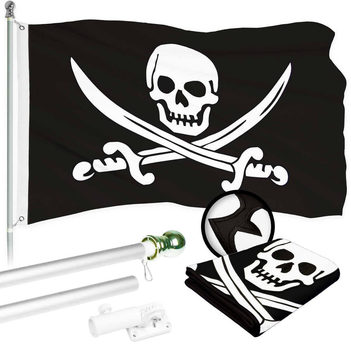G128 Combo Pack: 5 Ft Tangle Free Aluminum Spinning Flagpole (Silver ...