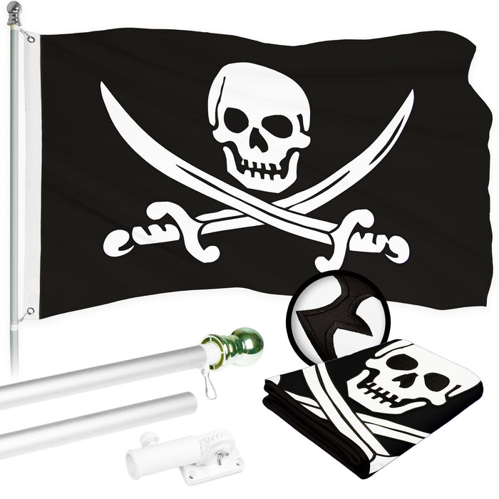 G128 Combo Pack: 6 Ft Tangle Free Aluminum Spinning Flagpole (Silver) & Pirate Jolly Roger Swords Flag 3x5 Ft, ToughWeave Series Embroidered 300D Polyester | Pole with Flag Included