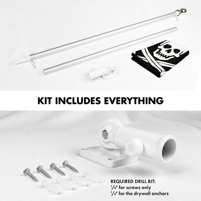 G128 Combo Pack: 5 Ft Tangle Free Aluminum Spinning Flagpole (Silver) & Pirate Jolly Roger Swords Flag 2x3 Ft, ToughWeave Series Embroidered 300D Polyester | Pole with Flag Included