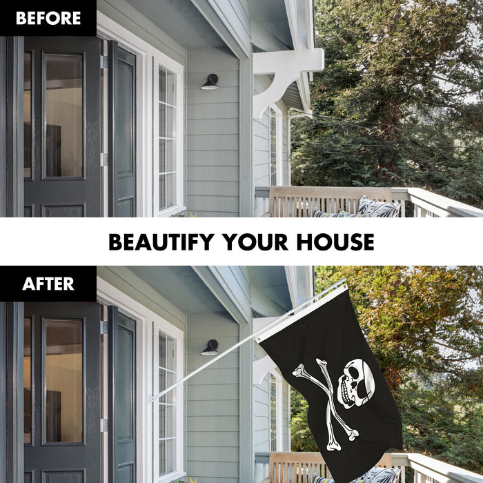 G128 Combo Pack: 6 Ft Tangle Free Aluminum Spinning Flagpole (White) & Pirate Jolly Roger Bones Flag 3x5 Ft, ToughWeave Series Embroidered 300D Polyester | Pole with Flag Included
