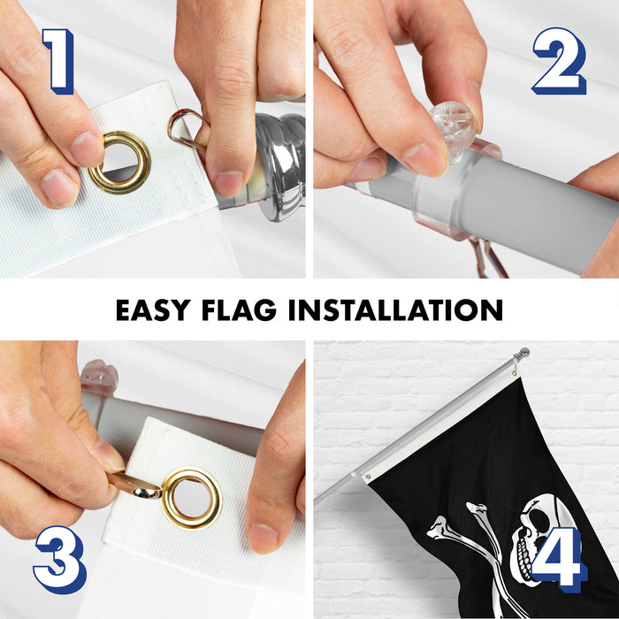 G128 Combo Pack: 6 Ft Tangle Free Aluminum Spinning Flagpole (Silver) & Pirate Jolly Roger Bones Flag 3x5 Ft, ToughWeave Series Embroidered 300D Polyester | Pole with Flag Included