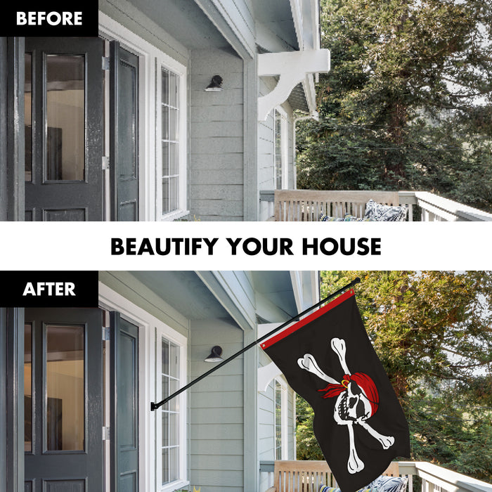 G128 Combo Pack: 6 Ft Tangle Free Aluminum Spinning Flagpole (Black) & Pirate Jolly Roger Red Head Scarf Flag 3x5 Ft, ToughWeave Series Embroidered 300D Polyester | Pole with Flag Included