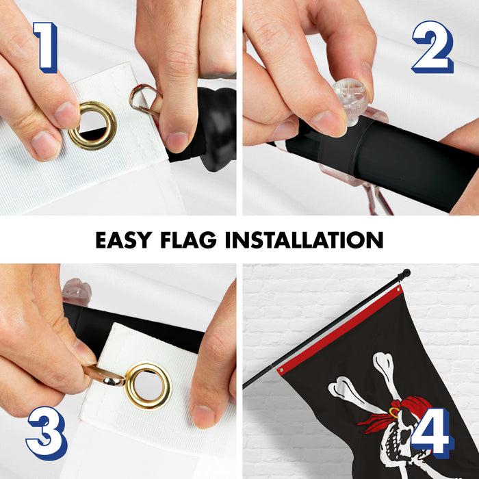 G128 Combo Pack: 5 Ft Tangle Free Aluminum Spinning Flagpole (Black) & Pirate Jolly Roger Red Head Scarf Flag 2.5x4 Ft, ToughWeave Series Embroidered 300D Polyester | Pole with Flag Included