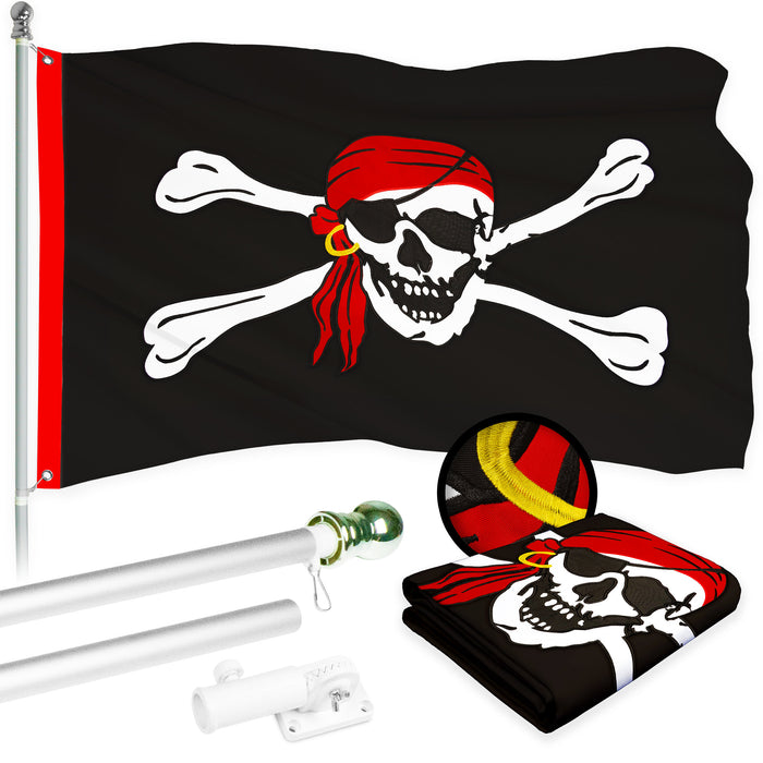 G128 Combo Pack: 5 Ft Tangle Free Aluminum Spinning Flagpole (Silver) & Pirate Jolly Roger Red Head Scarf Flag 2x3 Ft, ToughWeave Series Embroidered 300D Polyester | Pole with Flag Included