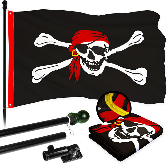 G128 Combo Pack: 5 Ft Tangle Free Aluminum Spinning Flagpole (Black) & Pirate Jolly Roger Red Head Scarf Flag 2x3 Ft, ToughWeave Series Embroidered 300D Polyester | Pole with Flag Included