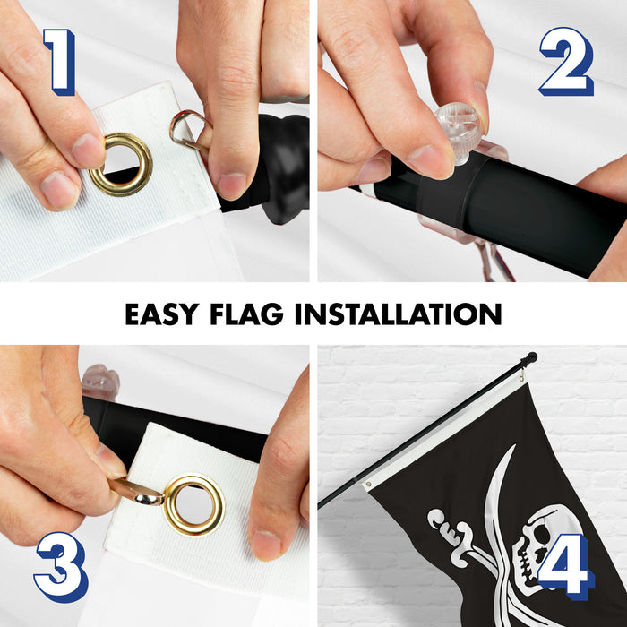 G128 Combo Pack: 6 Ft Tangle Free Aluminum Spinning Flagpole (Black) & Pirate Jolly Roger Swords Flag 3x5 Ft, ToughWeave Series Embroidered 300D Polyester | Pole with Flag Included