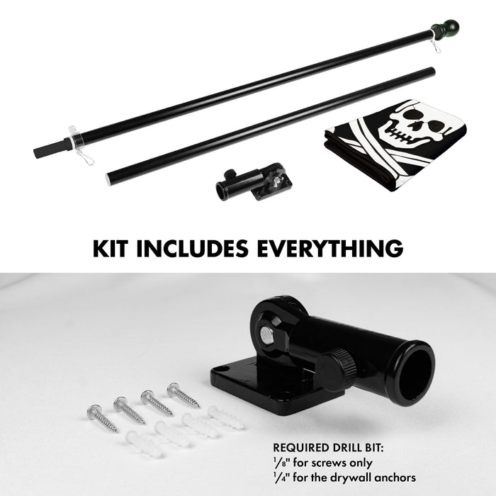G128 Combo Pack: 5 Ft Tangle Free Aluminum Spinning Flagpole (Black) & Pirate Jolly Roger Swords Flag 2.5x4 Ft, ToughWeave Series Embroidered 300D Polyester | Pole with Flag Included