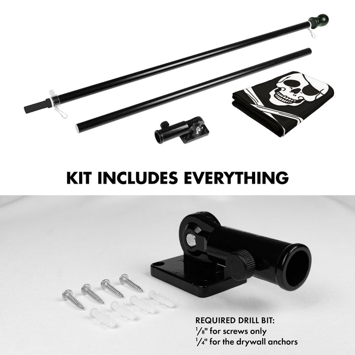 G128 Combo Pack: 6 Ft Tangle Free Aluminum Spinning Flagpole (Black) & Pirate Jolly Roger Bones Flag 3x5 Ft, ToughWeave Series Embroidered 300D Polyester | Pole with Flag Included