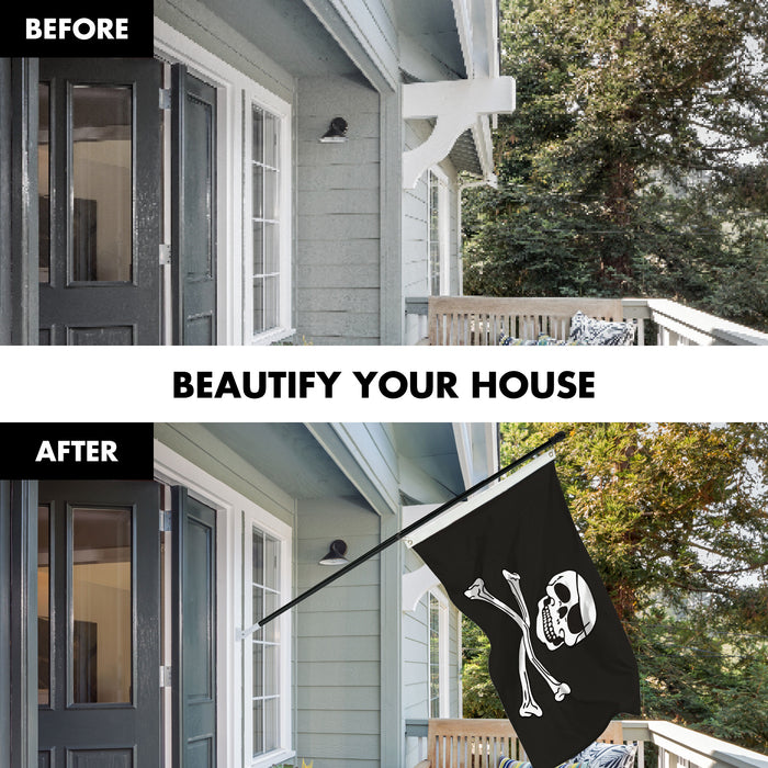 G128 Combo Pack: 6 Ft Tangle Free Aluminum Spinning Flagpole (Black) & Pirate Jolly Roger Bones Flag 3x5 Ft, ToughWeave Series Embroidered 300D Polyester | Pole with Flag Included