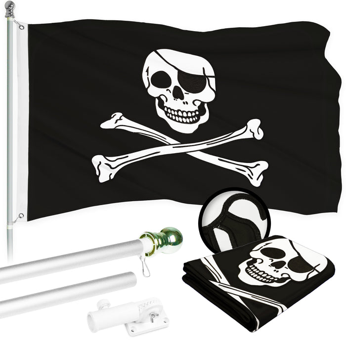 G128 Combo Pack: 5 Ft Tangle Free Aluminum Spinning Flagpole (Silver) & Pirate Jolly Roger Bones Flag 2.5x4 Ft, ToughWeave Series Embroidered 300D Polyester | Pole with Flag Included