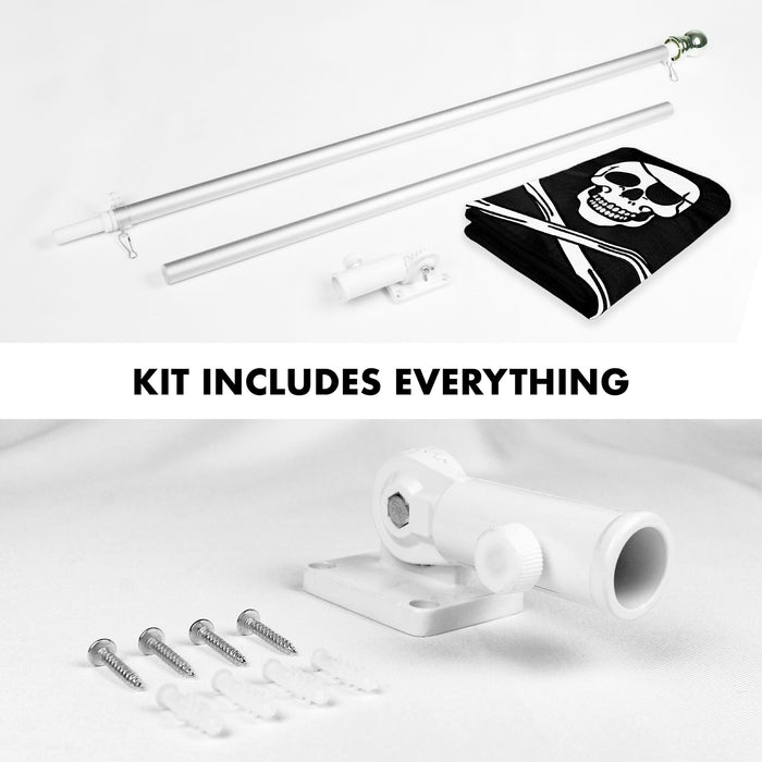 G128 Combo Pack: 5 Ft Tangle Free Aluminum Spinning Flagpole (Silver) & Pirate Jolly Roger Bones Flag 2x3 Ft, ToughWeave Series Embroidered 300D Polyester | Pole with Flag Included