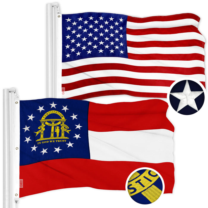 G128 Combo Pack: American USA Flag 6x10 Ft 300D & Georgia GA  6x10 Ft 600D | Both ToughWeave Series Embroidered Polyester, Embroidered Design, Indoor/Outdoor, Brass Grommets
