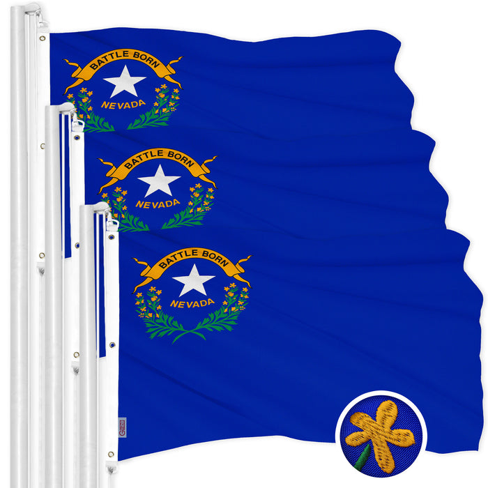 G128 3 Pack: Nevada NV State Flag | 5x8 Ft | ToughWeave Series Embroidered 600D Polyester | Embroidered Design, Indoor/Outdoor, Brass Grommets