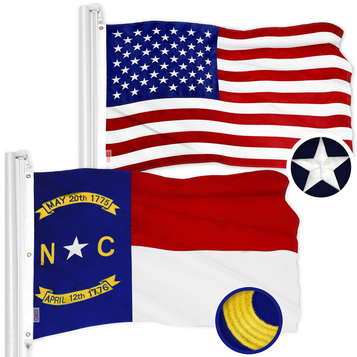 G128 Combo Pack: American USA Flag 6x10 Ft 300D & North Carolina  6x10 Ft 600D | Both ToughWeave Series Embroidered Polyester, Embroidered Design, Indoor/Outdoor, Brass Grommets
