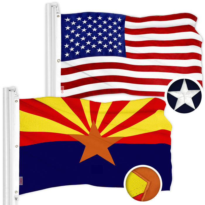G128 Combo Pack: American USA Flag 5x8 Ft 300D & Arizona AZ  5x8 Ft 600D | Both ToughWeave Series Embroidered Polyester, Embroidered Design, Indoor/Outdoor, Brass Grommets