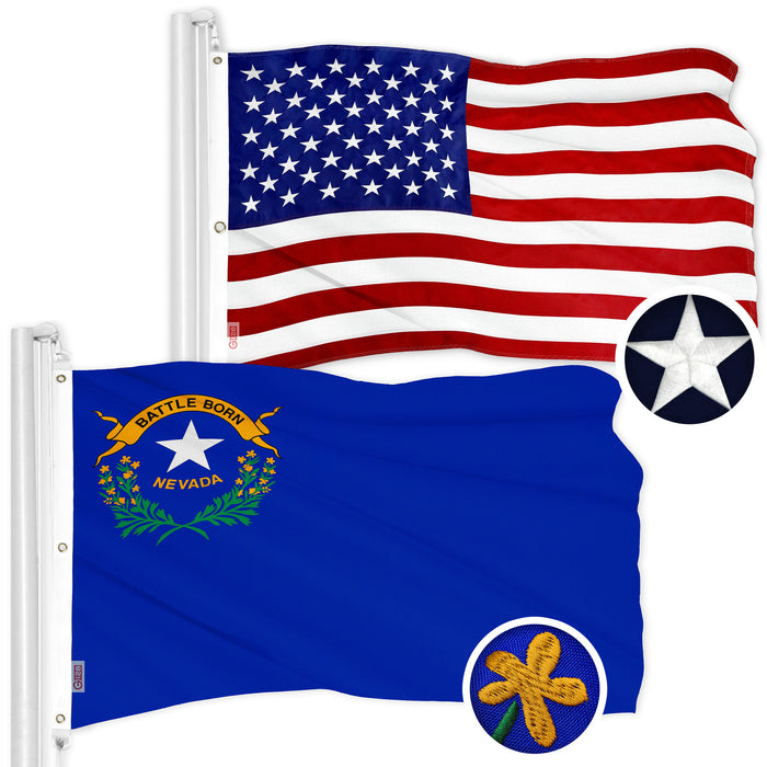 G128 Combo Pack: American USA Flag 5x8 Ft 300D & Nevada NV  5x8 Ft 600D | Both ToughWeave Series Embroidered Polyester, Embroidered Design, Indoor/Outdoor, Brass Grommets