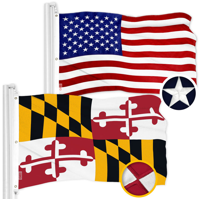 G128 Combo Pack: American USA Flag 5x8 Ft 300D & Maryland MD  5x8 Ft 600D | Both ToughWeave Series Embroidered Polyester, Embroidered Design, Indoor/Outdoor, Brass Grommets
