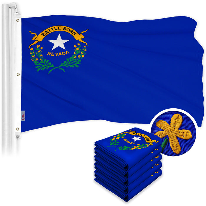G128 5 Pack: Nevada NV State Flag | 6x10 Ft | ToughWeave Series Embroidered 600D Polyester | Embroidered Design, Indoor/Outdoor, Brass Grommets