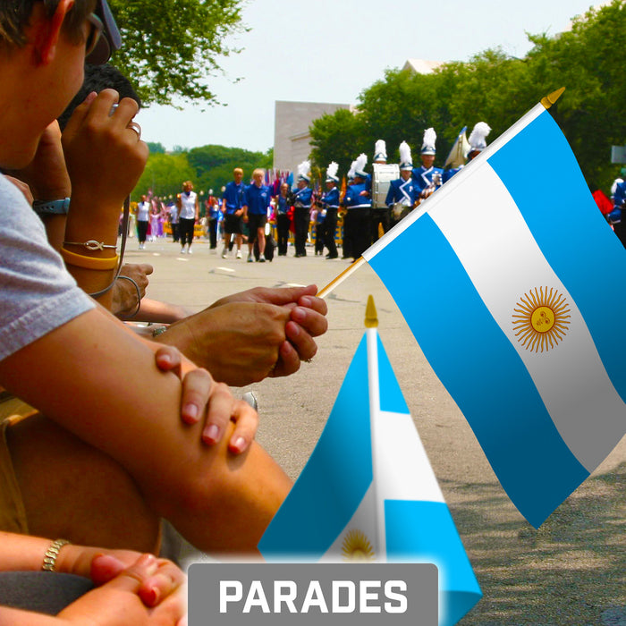 G128 10 Pack Handheld Argentina Argentinian Stick Flags | 8x12 In | Printed 150D Polyester, Country Flag, Solid Wooden Stick, Spear Gold Tip