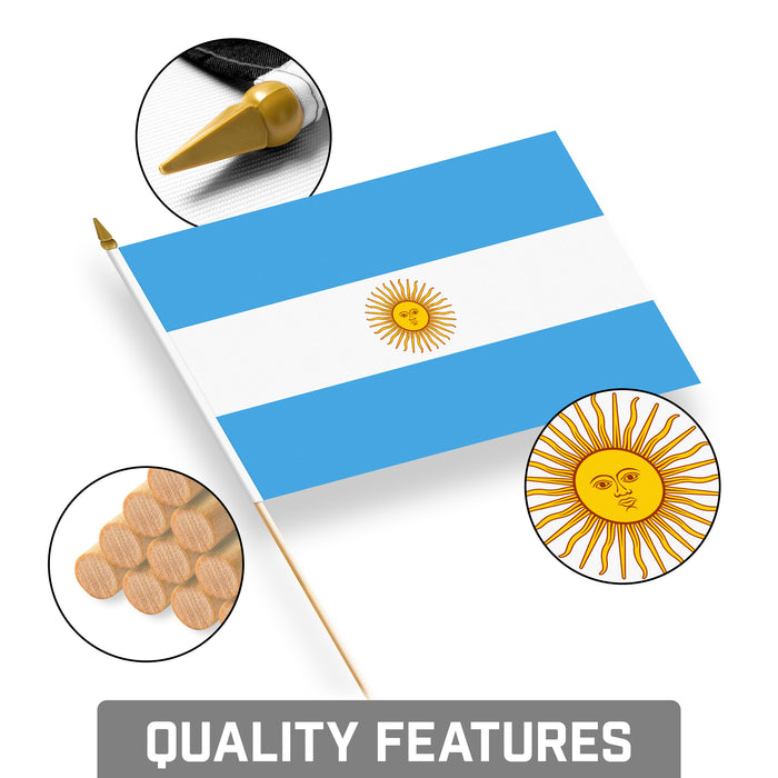 G128 10 Pack Handheld Argentina Argentinian Stick Flags | 8x12 In | Printed 150D Polyester, Country Flag, Solid Wooden Stick, Spear Gold Tip
