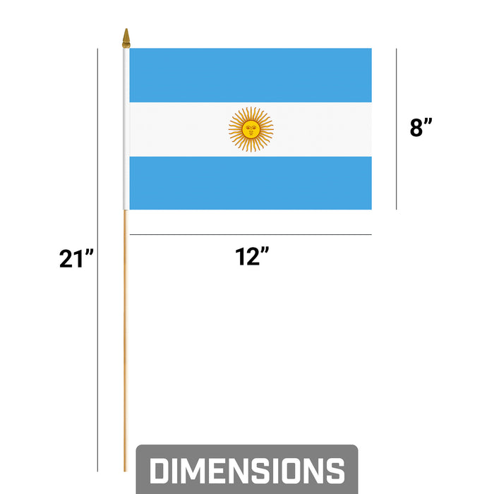 G128 10 Pack Handheld Argentina Argentinian Stick Flags | 8x12 In | Printed 150D Polyester, Country Flag, Solid Wooden Stick, Spear Gold Tip