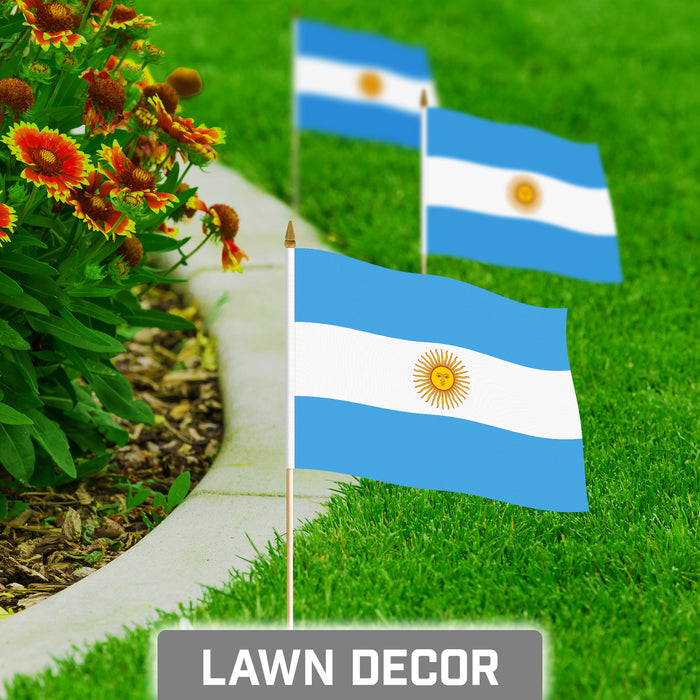 G128 10 Pack Handheld Argentina Argentinian Stick Flags | 8x12 In | Printed 150D Polyester, Country Flag, Solid Wooden Stick, Spear Gold Tip