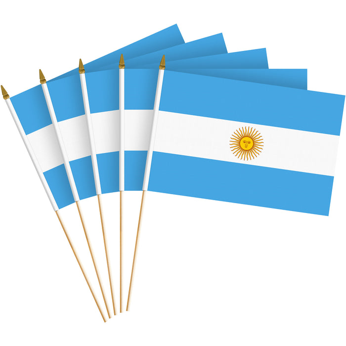 G128 50 Pack Handheld Argentina Argentinian Stick Flags | 8x12 In | Printed 150D Polyester, Country Flag, Solid Wooden Stick, Spear Gold Tip