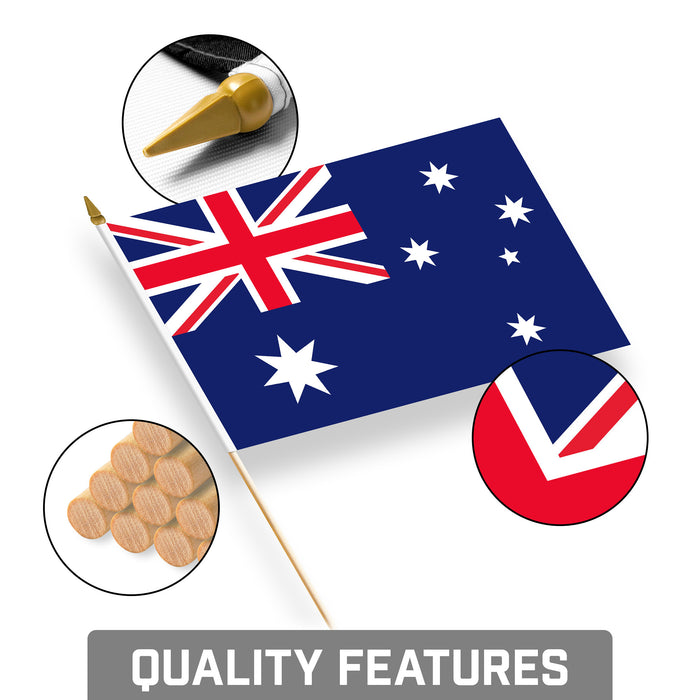 G128 50 Pack Handheld Australia Australian Stick Flags | 8x12 In | Printed 150D Polyester, Country Flag, Solid Wooden Stick, Spear Gold Tip