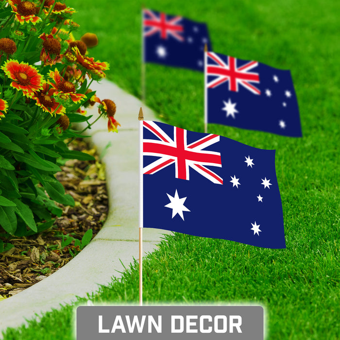 G128 50 Pack Handheld Australia Australian Stick Flags | 8x12 In | Printed 150D Polyester, Country Flag, Solid Wooden Stick, Spear Gold Tip