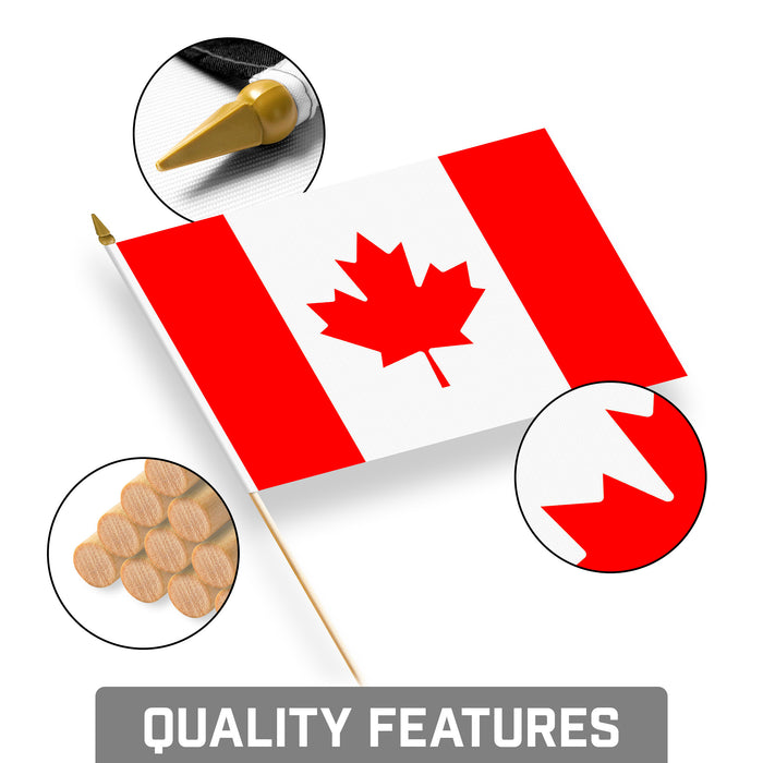 G128 24 Pack Handheld Canada Canadian Stick Flags | 8x12 In | Printed 150D Polyester, Country Flag, Solid Wooden Stick, Spear Gold Tip