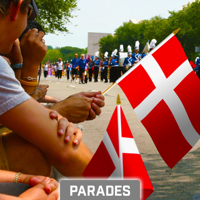 G128 10 Pack Handheld Denmark Stick Flags | 8x12 In | Printed 150D Polyester, Country Flag, Solid Plastic Stick, Spear White Tip
