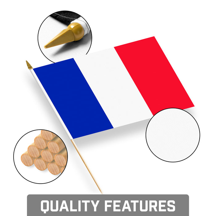 G128 12 Pack Handheld France French Stick Flags | 8x12 In | Printed 150D Polyester, Country Flag, Solid Wooden Stick, Spear Gold Tip