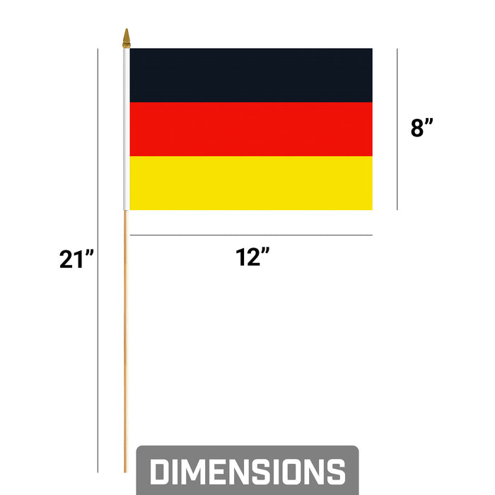 G128 50 Pack Handheld Germany German Stick Flags | 8x12 In | Printed 150D Polyester, Country Flag, Solid Wooden Stick, Spear Gold Tip