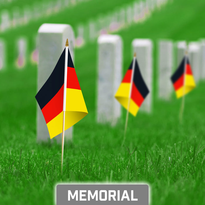 G128 50 Pack Handheld Germany German Stick Flags | 8x12 In | Printed 150D Polyester, Country Flag, Solid Wooden Stick, Spear Gold Tip