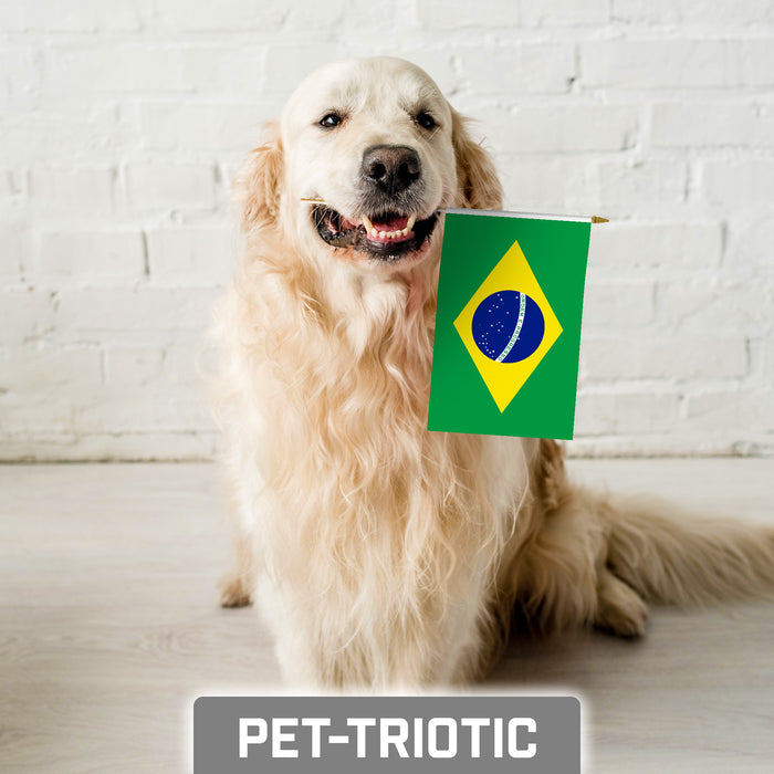 G128 30 Pack Handheld Brazil Brazilian Stick Flags | 8x12 In | Printed 150D Polyester, Country Flag, Solid Wooden Stick, Spear Gold Tip