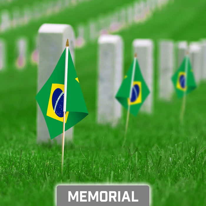 G128 30 Pack Handheld Brazil Brazilian Stick Flags | 8x12 In | Printed 150D Polyester, Country Flag, Solid Wooden Stick, Spear Gold Tip