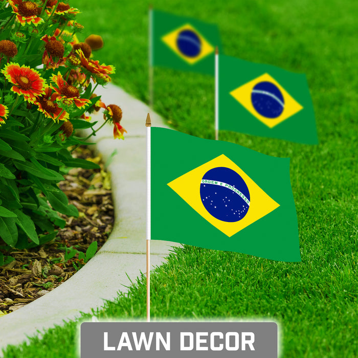 G128 30 Pack Handheld Brazil Brazilian Stick Flags | 8x12 In | Printed 150D Polyester, Country Flag, Solid Wooden Stick, Spear Gold Tip