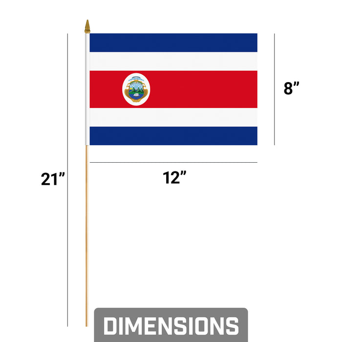 G128 12 Pack Handheld Costa Rica Costa Rican Stick Flags | 8x12 In | Printed 150D Polyester, Country Flag, Solid Wooden Stick, Spear Gold Tip